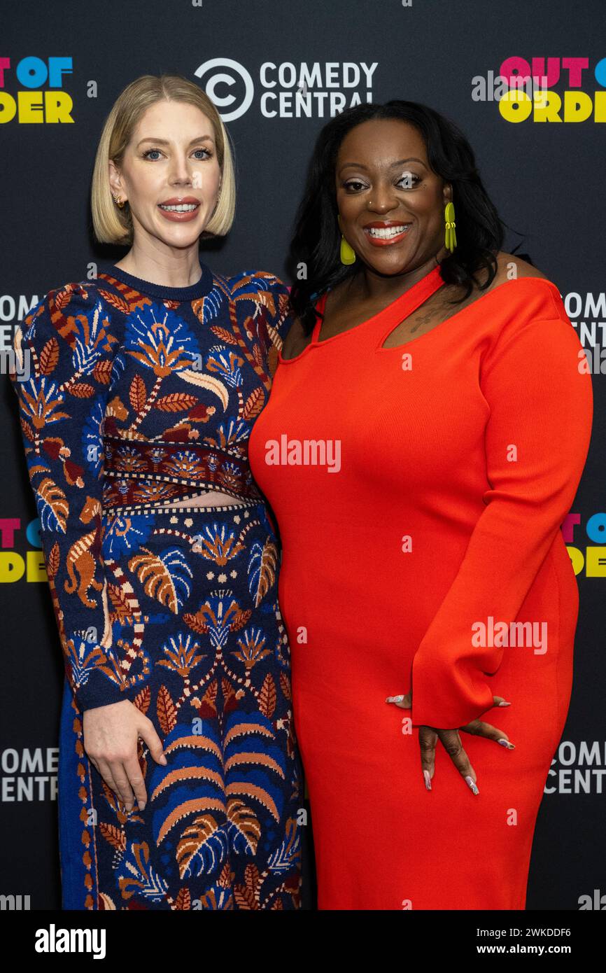 Londres, Royaume-Uni. 20 février 2024. Les capitaines de l’équipe (l) Katherine Ryan et Judi adorent lors d’un photocall à l’hôtel Soho pour « Out of Order », un nouveau gameshow comique diffusé sur Comedy Central, animé par Rosie Jones. Credit : Stephen Chung / Alamy Live News Banque D'Images