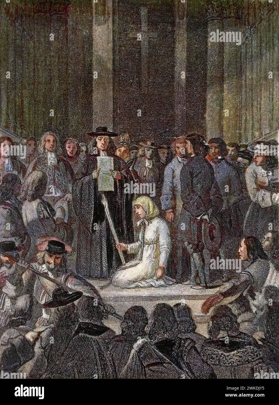 Affaire des poisons - Madame de Brinvilliers (Marie Madeleine d'Aubray, marquise de Brinvilliers, 1630-1676) faisant amende honorable sur le parvis de notre-Dame. Gravure du XIXe siècle. Banque D'Images