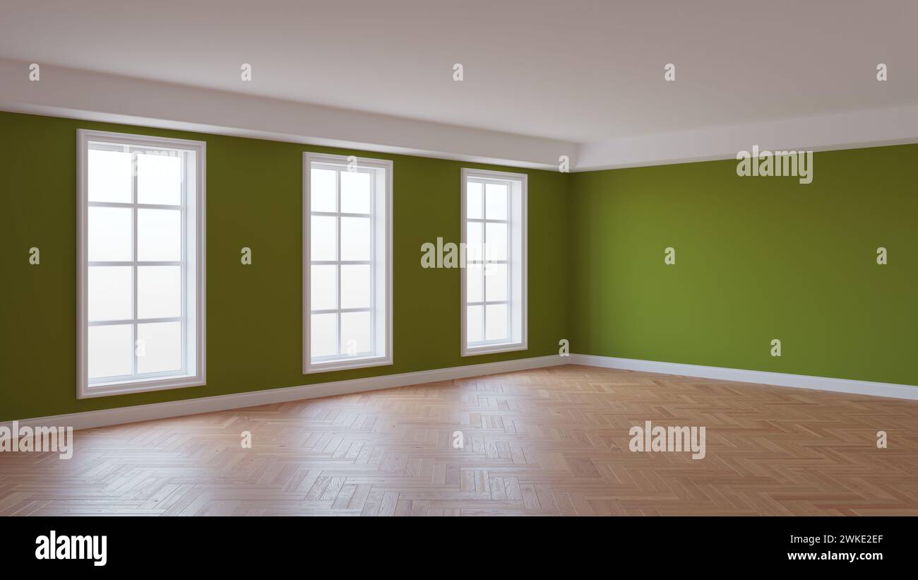 Intérieur vide de la chambre avec murs en stuc kaki, trois grandes fenêtres, parquet brillant à chevrons et un socle blanc. Concept de l'intérieur non meublé. Rendu 3D, Ultra HD 8K, 7680x4320 Banque D'Images
