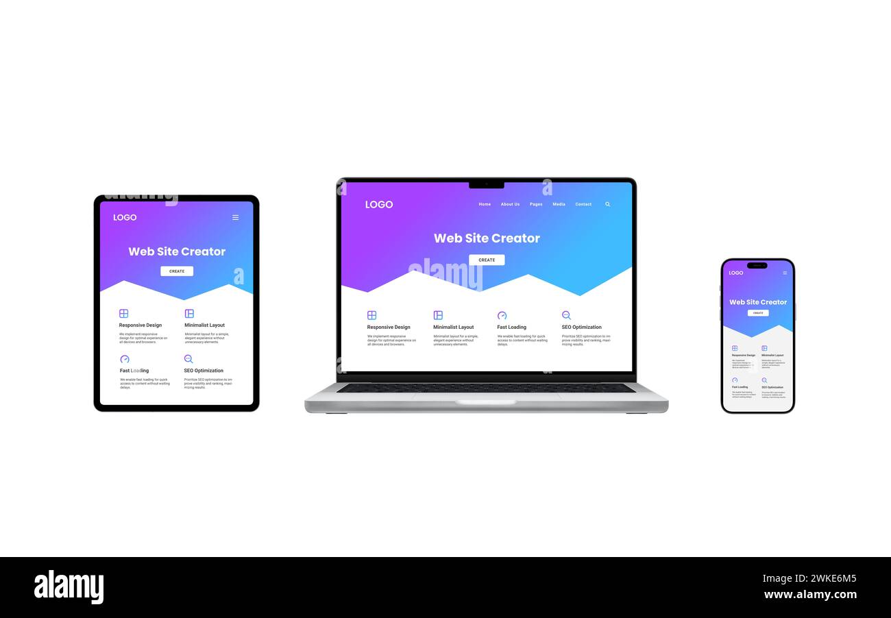 Les écrans d'ordinateurs portables, de tablettes et de téléphones sont dotés d'interfaces de création de sites Web réactives, ce qui démontre l'adaptabilité sur tous les appareils pour une expérience de conception transparente Banque D'Images