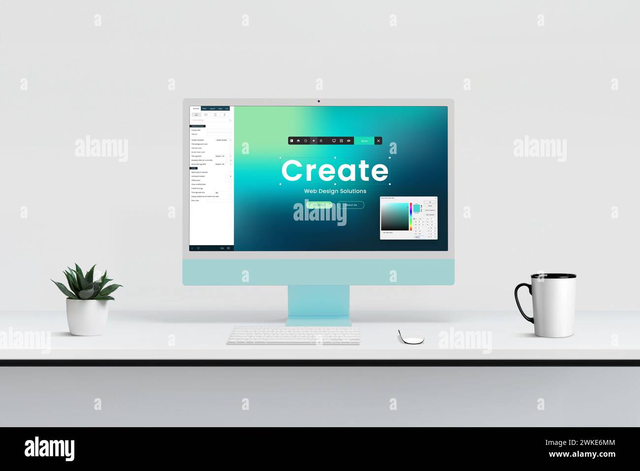 Studio de conception Web moderne avec affichage d'ordinateur présentant l'éditeur de création de site, les outils et le sélecteur de couleur pour le développement efficace et créatif de site Web Banque D'Images