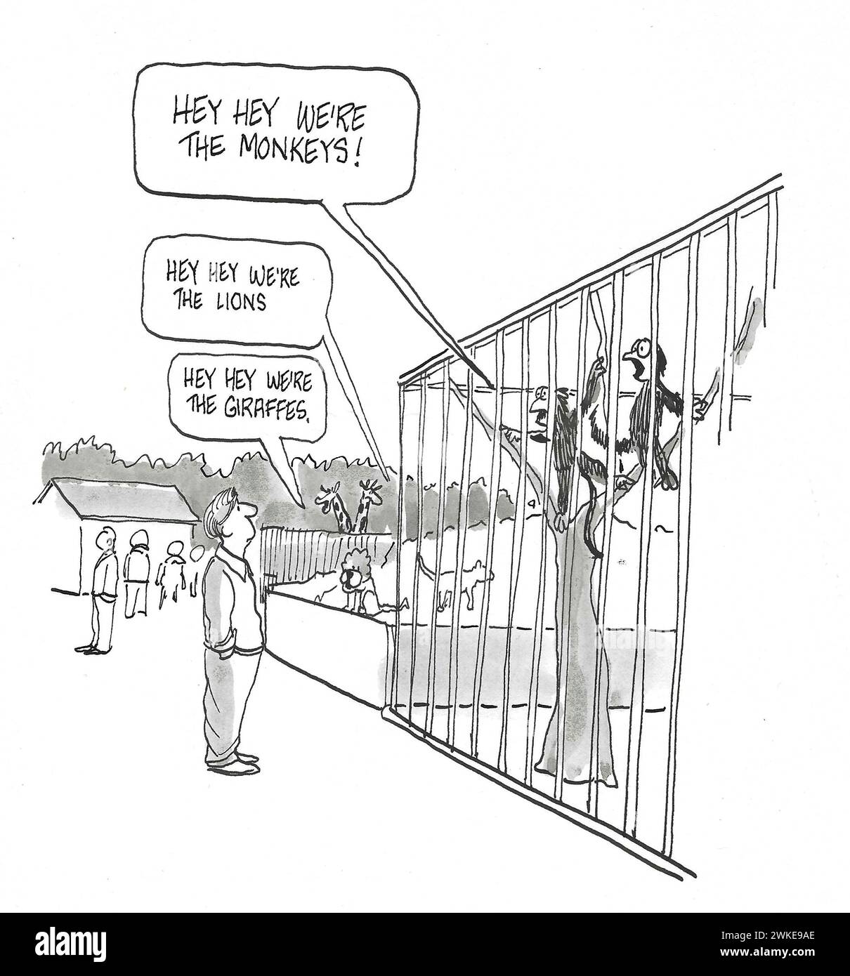 Dessin animé BW d'un visiteur masculin de zoo écoutant tous les animaux du zoo chanter la même chanson. Banque D'Images