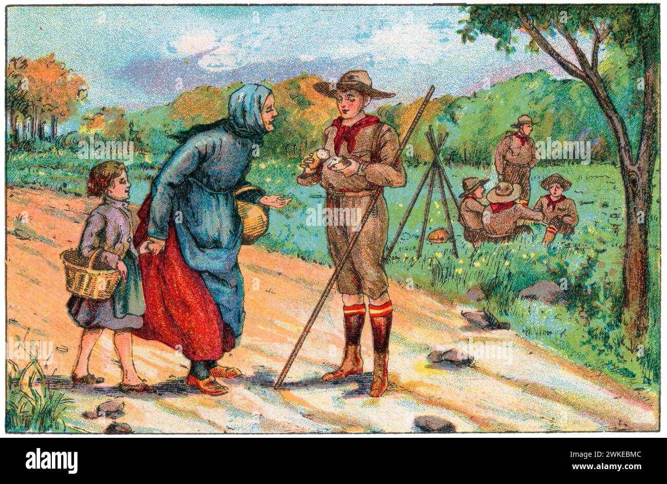 Colección de cromos de los Exploradores Españoles (scouts). Uno de los objetivos de un explorador es hacer CADA día una buena Acción. Un joven da un pedazo de pan a una anciana. años 1930. Banque D'Images