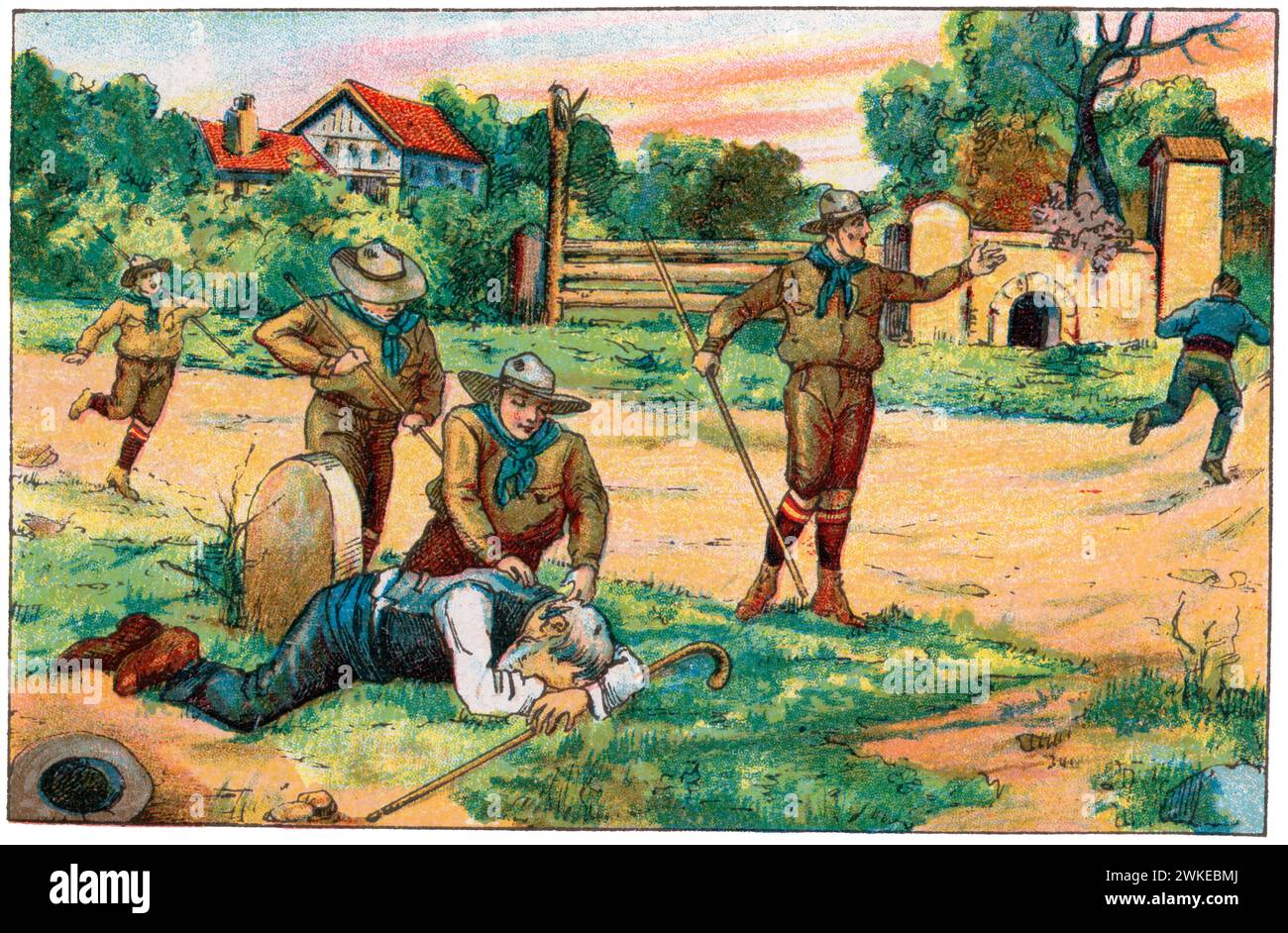 Colección de cromos de los Exploradores Españoles (scouts). Un valiente explorador ayuda a un anciano caído en el suelo. años 1930. Banque D'Images