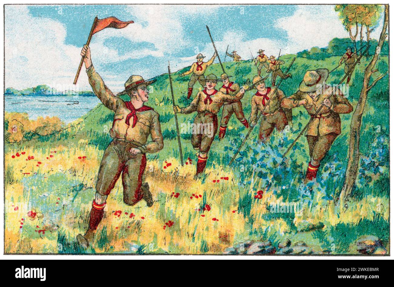 Colección de cromos de los Exploradores Españoles (scouts). Jóvenes exploradores mostrando su alegría por las actividades que llevan a cabo. años 1930. Banque D'Images