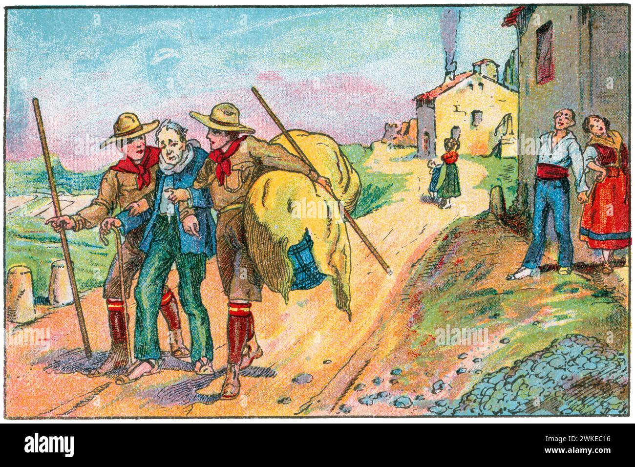 Colección de cromos de los Exploradores Españoles (scouts). Jóvenes exploradores ayudan a quien lo necesita sin temor a las burlas de los demás. años 1930. Banque D'Images