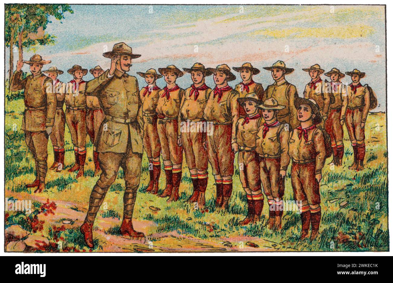 Colección de cromos de los Exploradores Españoles (scouts). Grupo de exploradores en formación mostrando disciplina y lealtad. años 1930. Banque D'Images