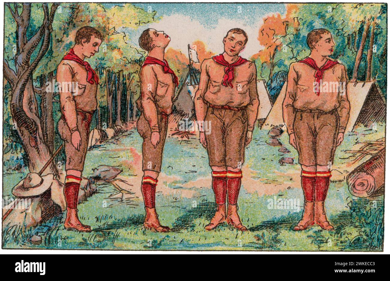 Colección de cromos de los Exploradores Españoles (scouts). Jóvenes exploradores practicando gimnasia diariamente. años 1930. Banque D'Images