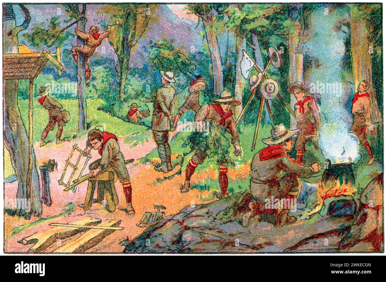 Colección de cromos de los Exploradores Españoles (scouts). Jóvenes exploradores realizando tareas Económicas con tenacidad y perseverancia. años 1930. Banque D'Images