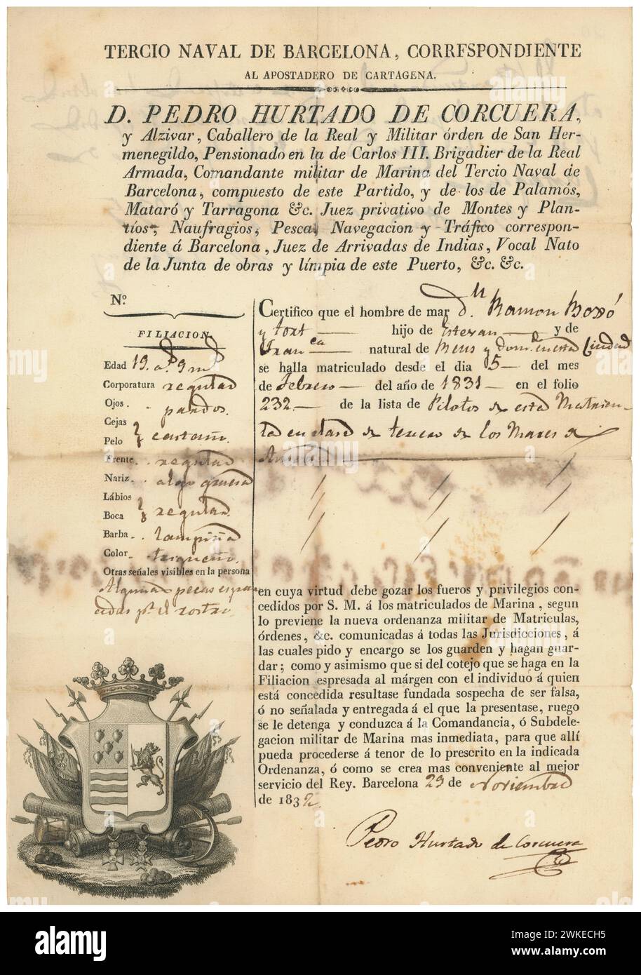 España. Certificado profesional de piloto Expedido por el Tercio Naval de Barcelona. año 1832. Banque D'Images