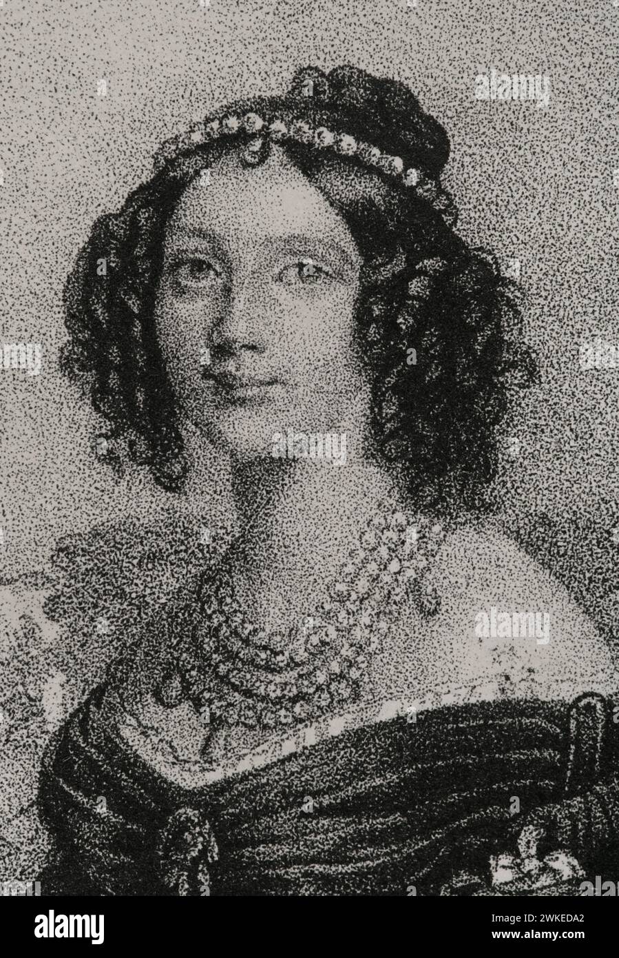 Marie-Anne de Bavière (1805-1877). Reine consort de Saxe (1836-1854) par son mariage avec le roi Frédéric-Auguste II de Saxe (1797-1854). Portrait. Dessin de I. Brochelon. Lithographie de J.J. Martinez. Détails. Reyes Contemporáneos (rois contemporains). Volume II Publié à Madrid, 1852. Banque D'Images