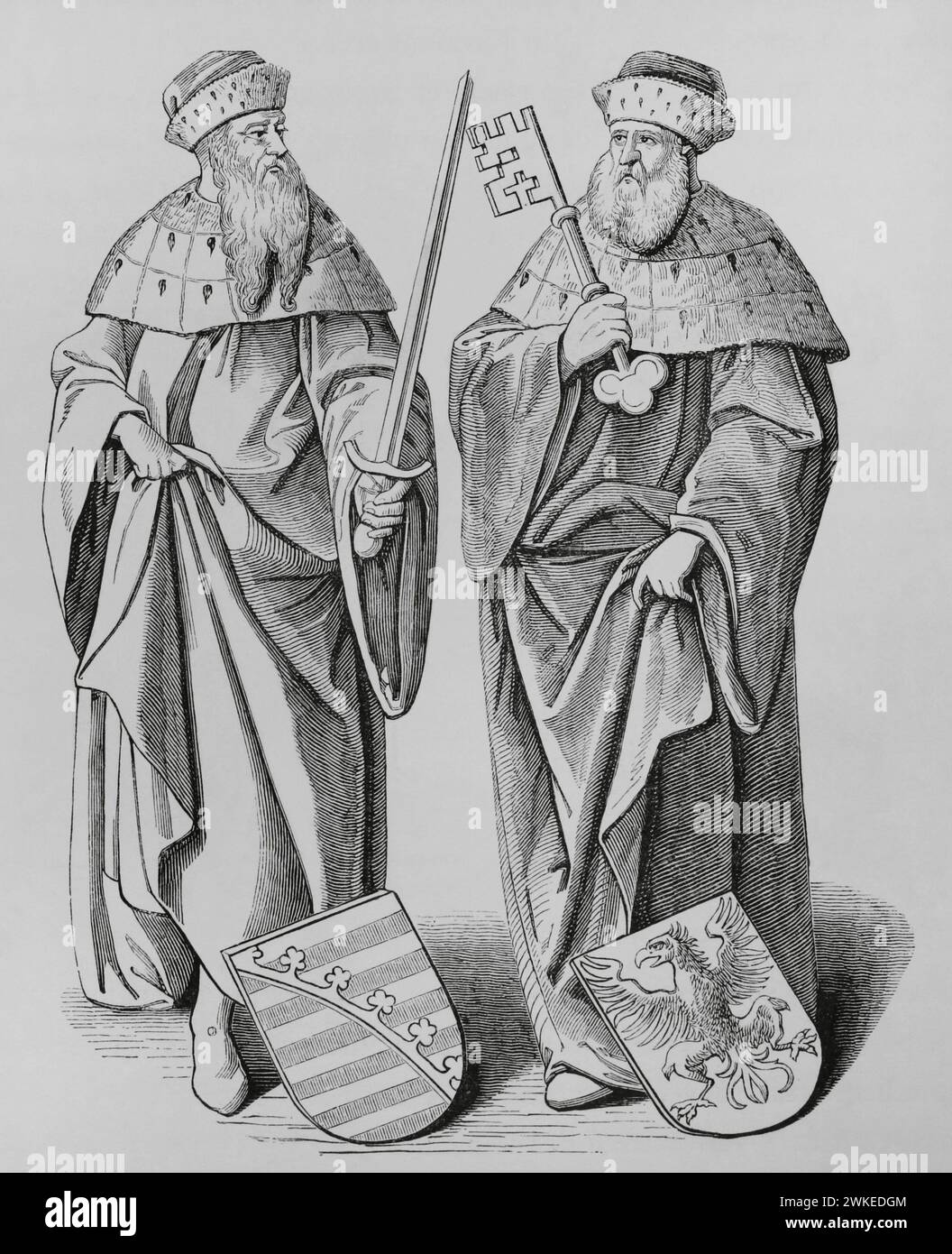 Le duc de Saxe et le marquis de Brandebourg. Gravure de Viericx d'après Gérard de Jode (1517-1591) dans 'Theatrum Orbis Terrarum sive Veteris Geographiae Tabulae', 1624. « Moeurs, usages et costumes au moyen-âge et à l'époque de la Renaissance », par Paul Lacroix. Paris, 1878. Banque D'Images