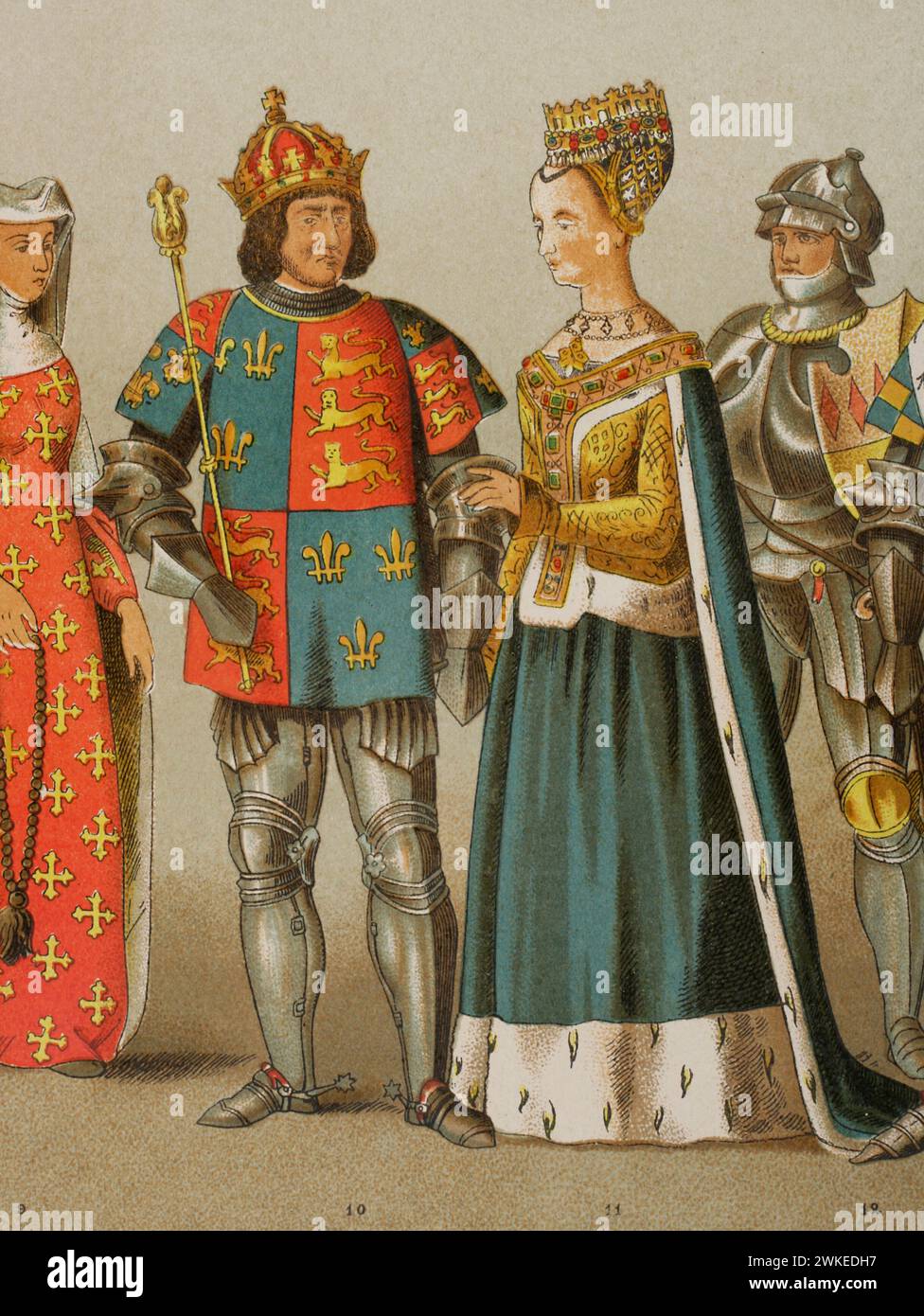 Richard III d'Angleterre (1452-1485). Roi d'Angleterre et seigneur d'Irlande (1483-1485). Margaret Tudor (1489-1541). Reine consort d'Écosse par son mariage avec le roi Jacques IV Chromolithographie. Historia Universal', de César Cantú. Volume VI, 1885. Banque D'Images