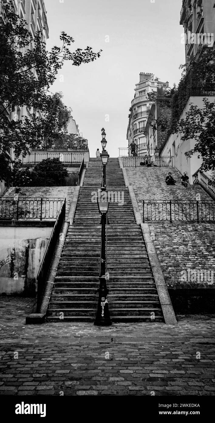 Un escalier à Paris avec des lampadaires noir et blanc Banque D'Images