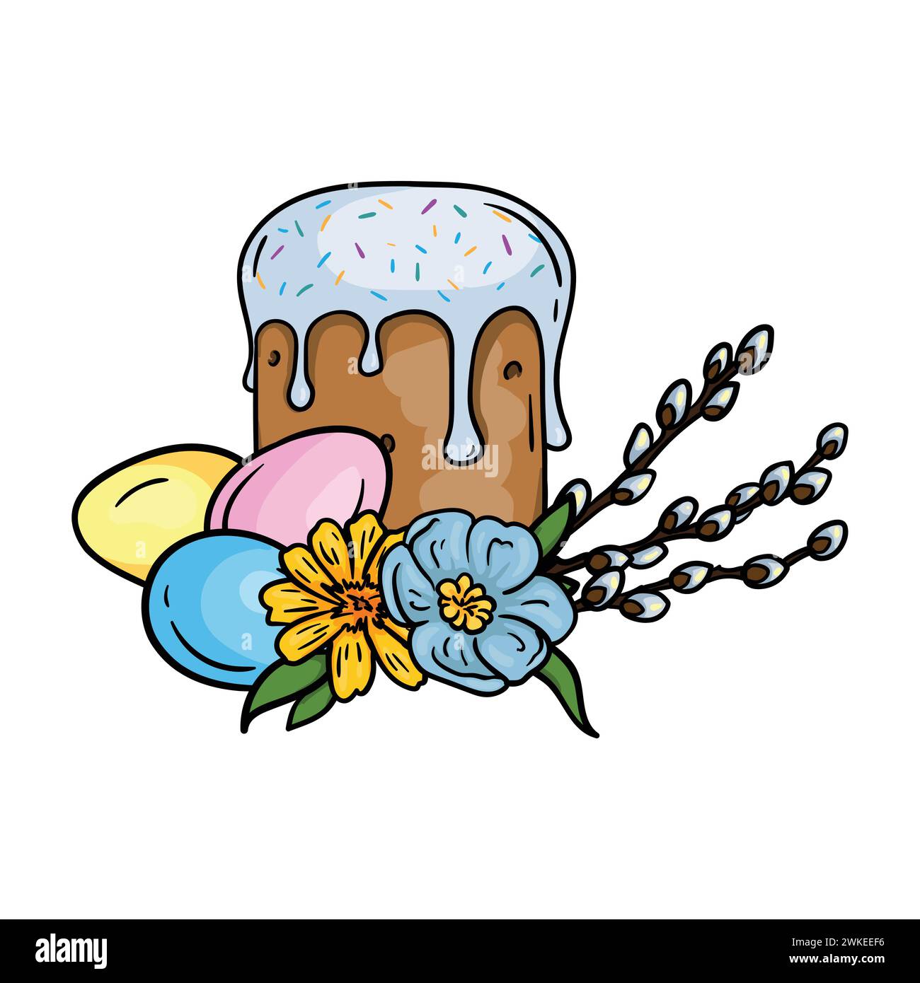 Illustration lumineuse avec gâteau de Pâques, œufs peints, fleurs et branches de saule. Image vectorielle pour carte de Pâques, impression et autocollant Illustration de Vecteur