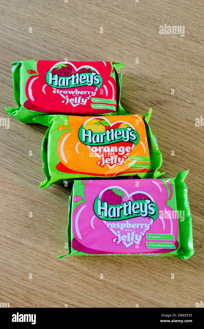 Sachets de gelée Hartley, y compris Orange, framboise et fraise Banque D'Images