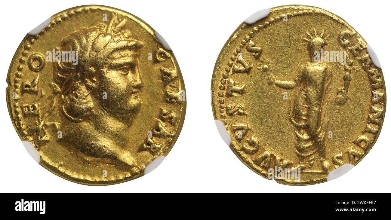 Aureus de l'empereur Néron. Avers : tête lauréate de Néron. Revers : le Colosse de Néron. Musée : COLLECTION PRIVÉE. Auteur : Ancient coins Numismatic. Banque D'Images