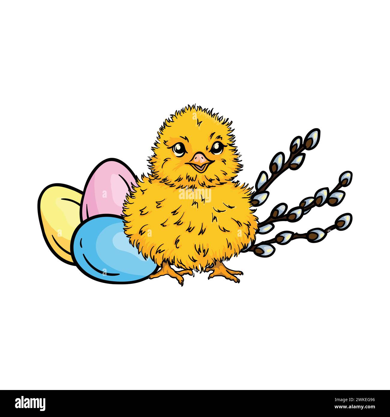 Illustration en couleur avec du poulet, des œufs peints et des branches de saule. Image vectorielle pour carte de Pâques, impression et autocollant Illustration de Vecteur