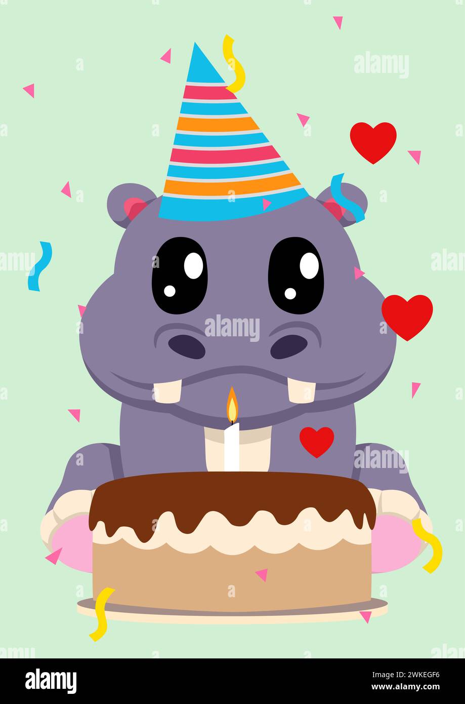 Célébrez les anniversaires avec cette délicieuse illustration vectorielle plate mettant en vedette un adorable hippopotame de dessin animé portant un chapeau d'anniversaire et assis dans le dos Illustration de Vecteur