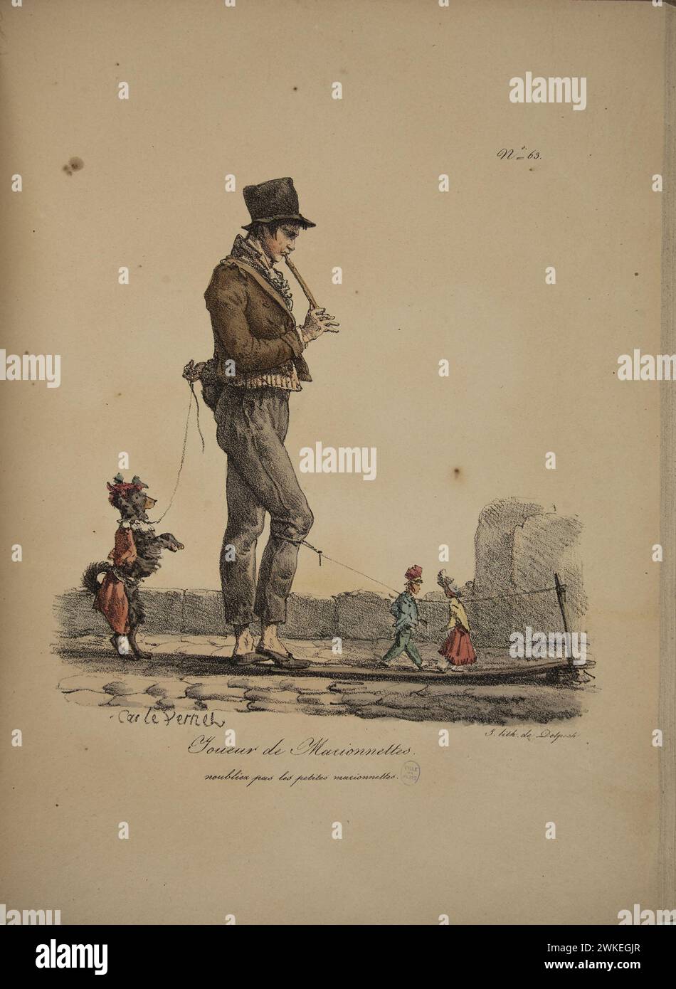 Joueur de marionnettes. De la série 'Cris de Paris' (les cris de Paris). Musée : COLLECTION PRIVÉE. Auteur : CARLE VERNET. Banque D'Images