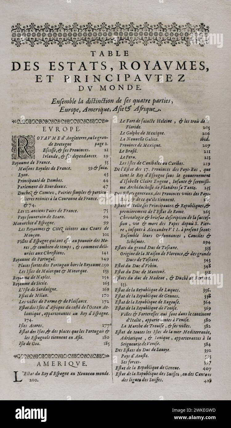 'Les Estats, Empires, Royaumes et Principautez du monde', par D.T. V. Y. (Pierre d'Avity, 1573-1635). Tableau distinguant les quatre parties : Europe, Amérique, Asie et Afrique. Édition imprimée à Genève par Samuel Chouët, 1665. Banque D'Images