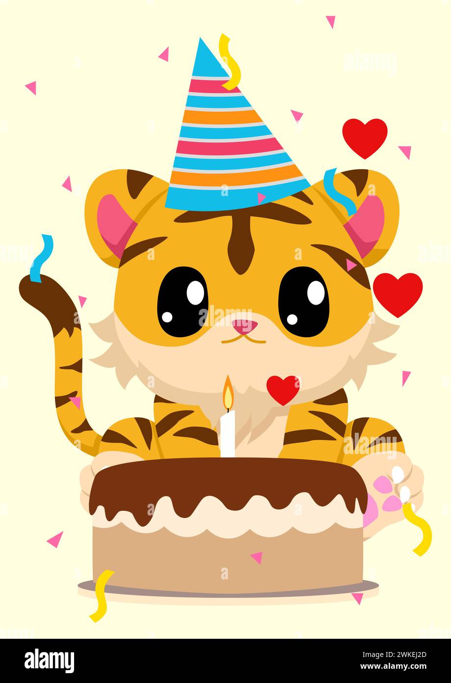 Célébrez les anniversaires avec cette délicieuse illustration vectorielle plate mettant en vedette un adorable tigre de bande dessinée portant un chapeau d'anniversaire et assis devant un Illustration de Vecteur