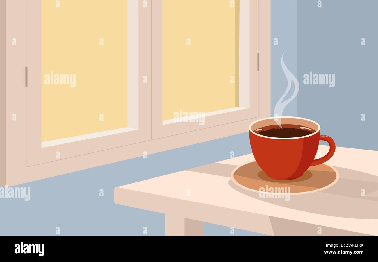 Ambiance matinale avec une tasse de café confortable sur une table près de la fenêtre. Cette illustration allie parfaitement confort et tranquillité, ce qui la rend idéale pour c Illustration de Vecteur