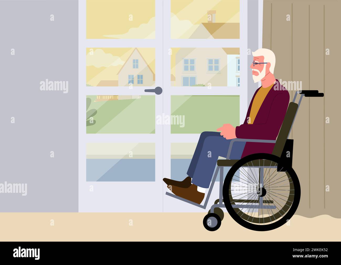 Homme âgé en fauteuil roulant regardant vers la porte, attendant sa famille bien-aimée Illustration de Vecteur