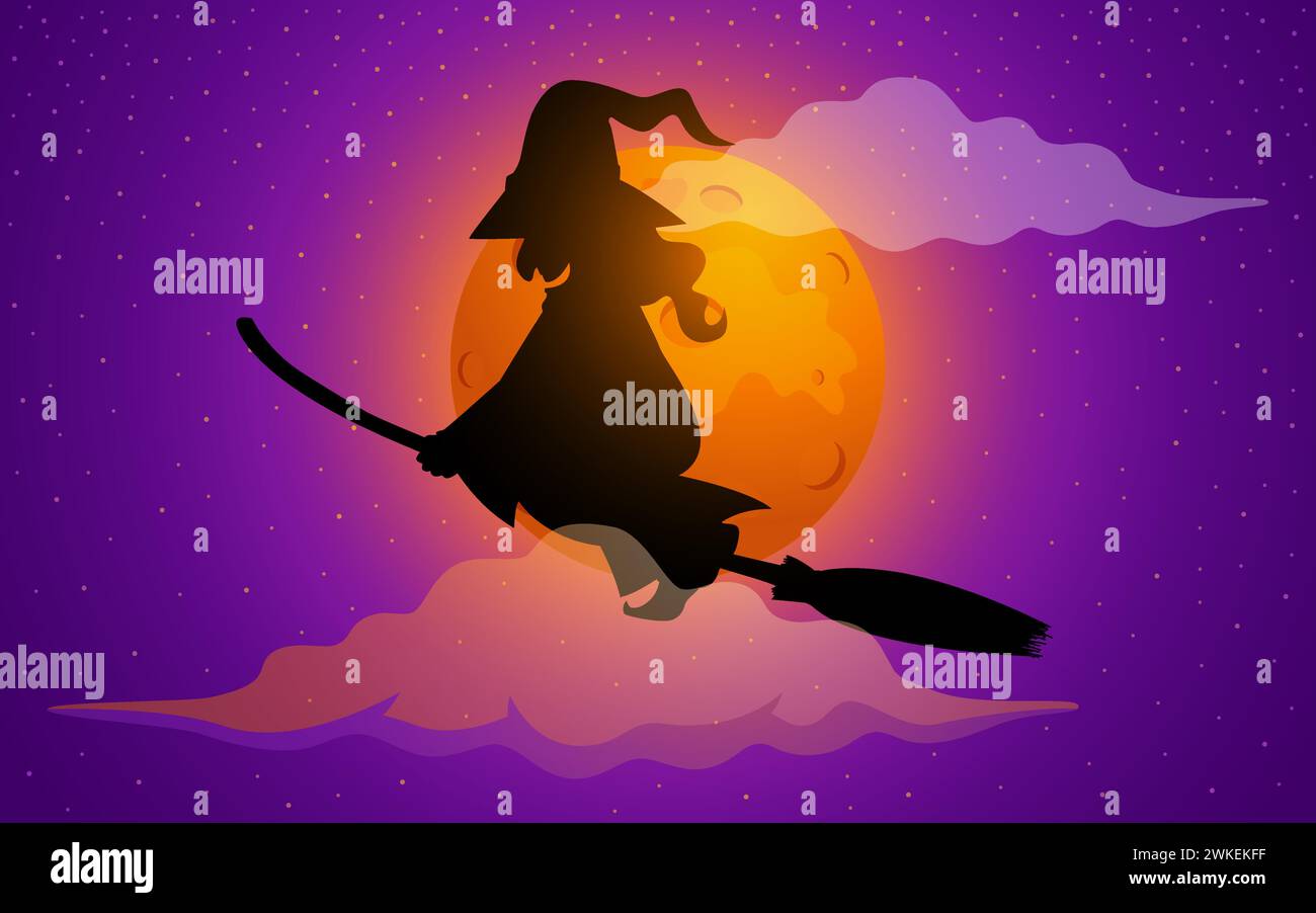 Silhouette de dessin animé d'une vieille sorcière planant à travers le ciel nocturne sur son balai, avec une pleine lune jetant une toile de fond vibrante, parfait pour Halloween-Them Illustration de Vecteur