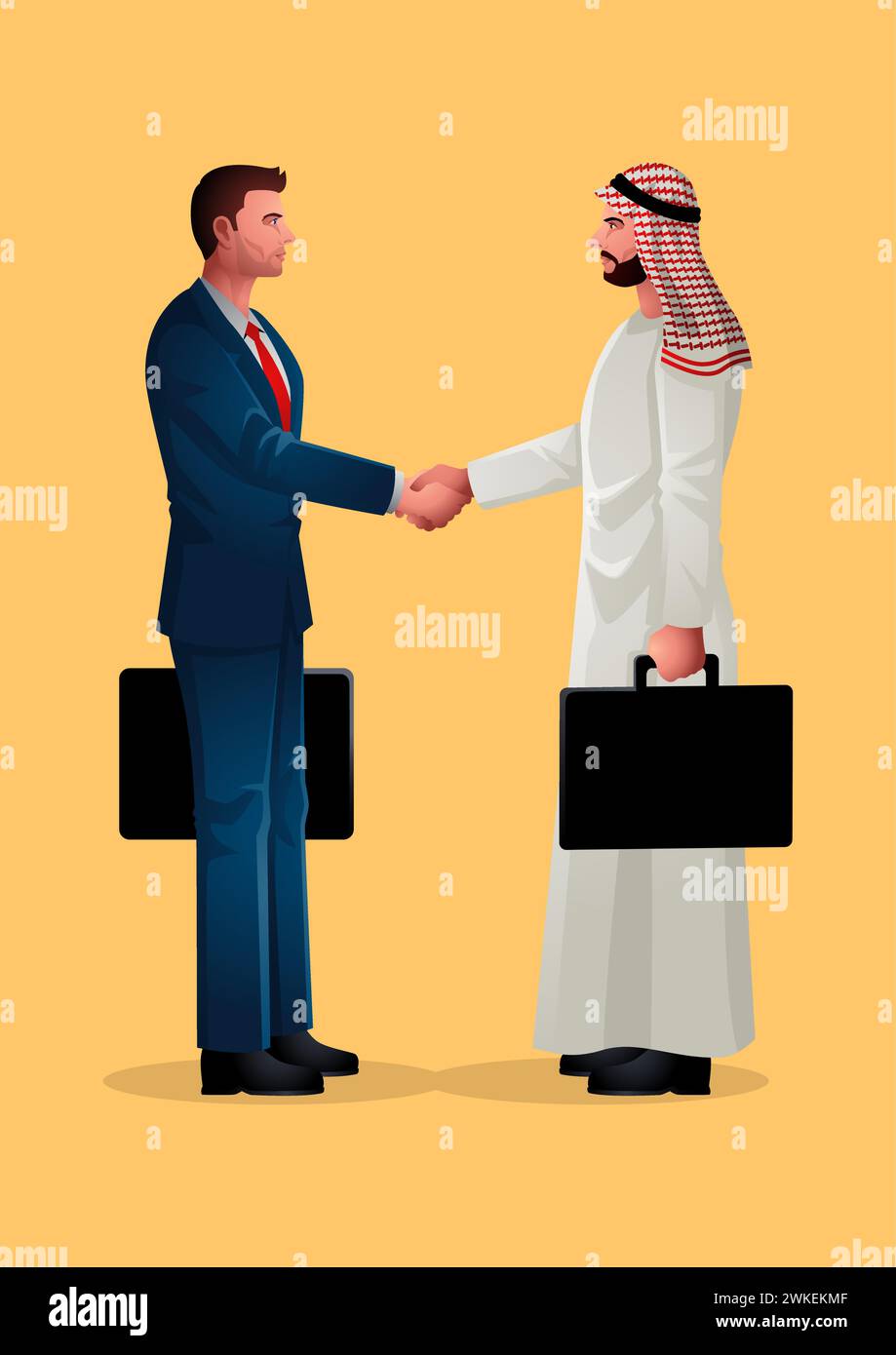 Illustration vectorielle représentant un homme d'affaires arabe engagé dans une poignée de main ferme. Symbolise la tendance croissante des investissements en provenance des pays musulmans et A Illustration de Vecteur
