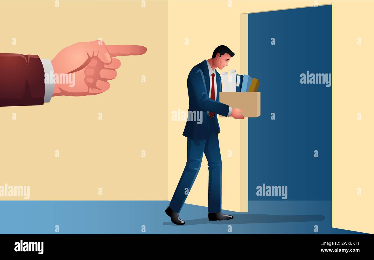 Homme d'affaires découragé marche langoureusement, portant une boîte remplie de ses effets personnels alors qu'il se dirige vers la porte de l'incertitude, symbolisant Illustration de Vecteur