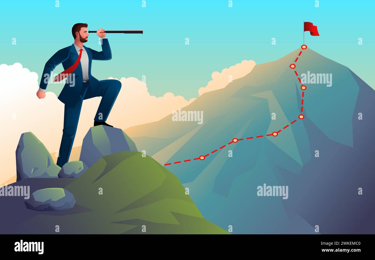 Homme d'affaires se tient au sommet d'un rocher, avec un télescope, il regarde vers le sommet imposant d'une montagne, symbolisant la vision stratégique, le plan méticuleux Illustration de Vecteur