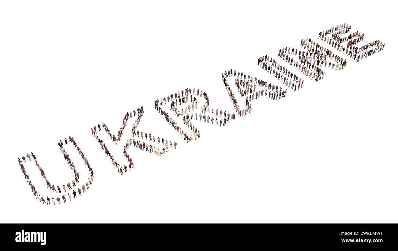 Concept ou conceptuel grande communauté de personnes formant MOT UKRAINE. 3d métaphore de l'illustration pour le patriotisme, l'amour, le pays, la culture, l'histoire, personnes Banque D'Images