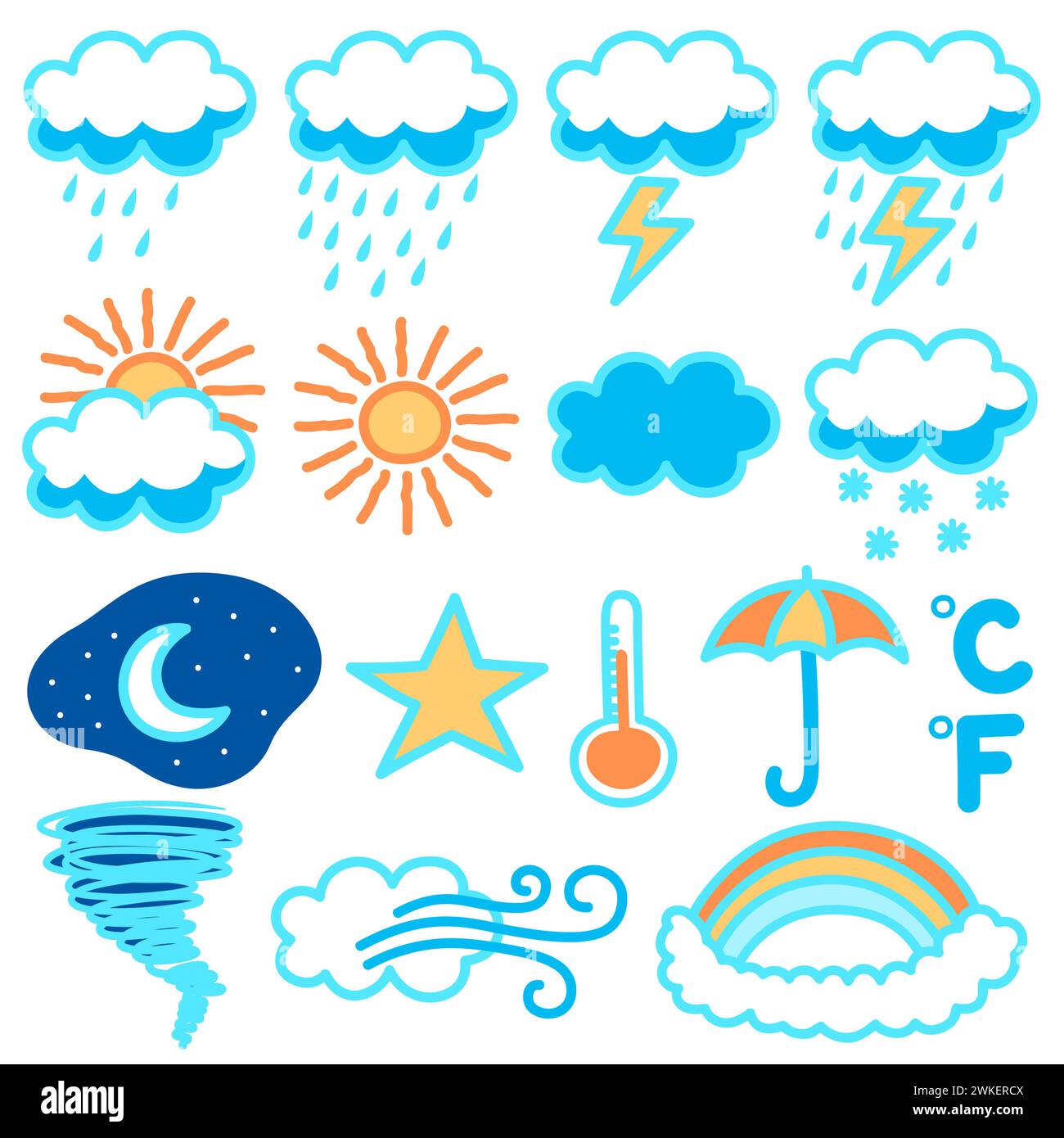 Ensemble d'illustration Doodle avec une variété d'icônes météo. Des jours ensoleillés aux nuits orageuses, cette collection vous couvre d'une touche ludique o Illustration de Vecteur