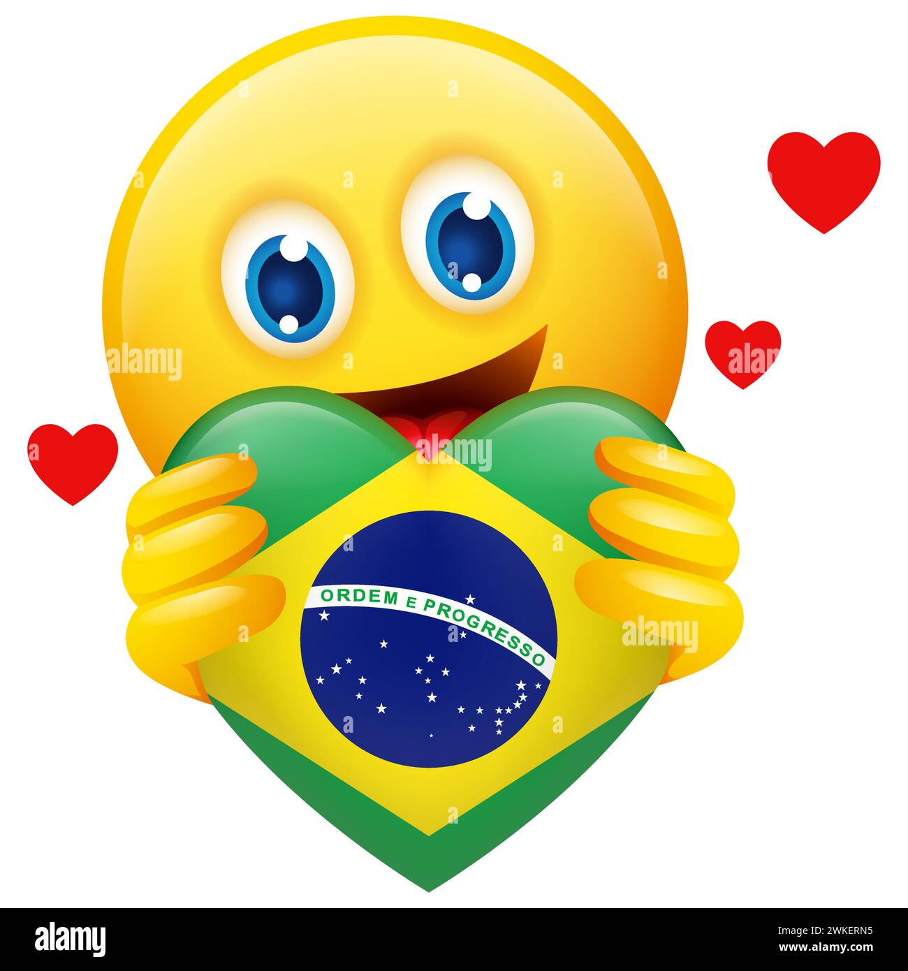 Illustration vectorielle d'émoticône tenant le symbole du cœur de l'insigne du Brésil isolé sur blanc Illustration de Vecteur