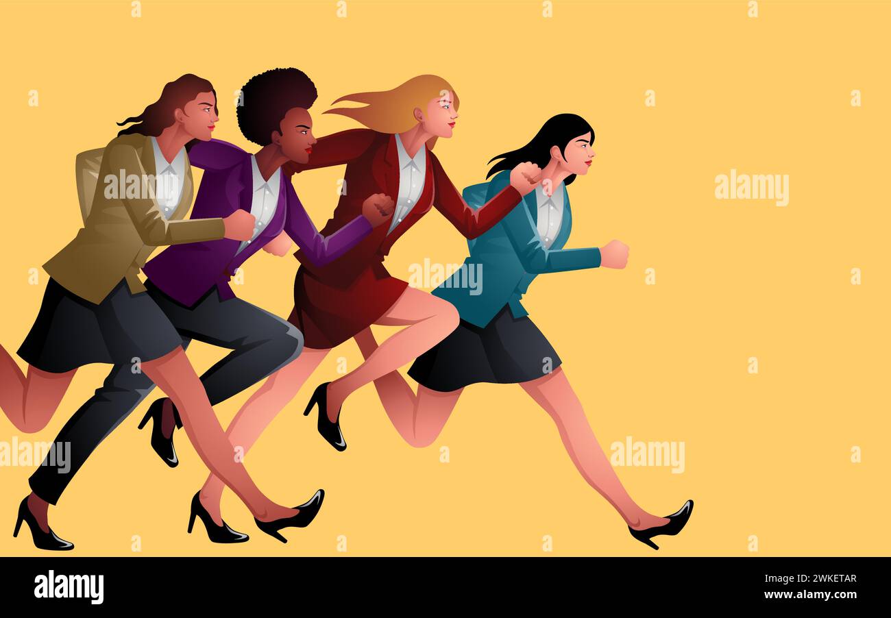 Quatre femmes d'affaires, représentant différentes ethnies, s'unissent dans un pas déterminé en avant. Idéal pour les projets de promotion des femmes dans les affaires, culturel Illustration de Vecteur
