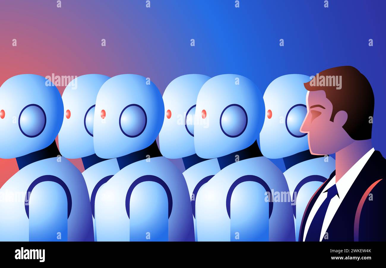 Homme d'affaires dans une foule de robots. Symbolise la menace de l'intelligence artificielle et des progrès technologiques dans les entreprises et les industries modernes Illustration de Vecteur