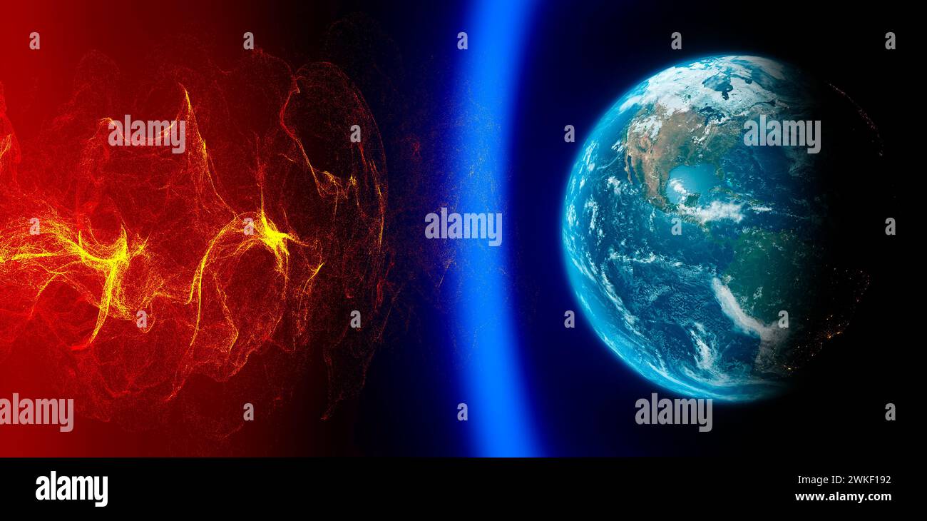 Soleil et tempête solaire, champ magnétique terrestre, Terre et vent solaire, flux de particules. Augmentation des températures. Réchauffement de la planète. Trou d'ozone. 3d rendu Banque D'Images