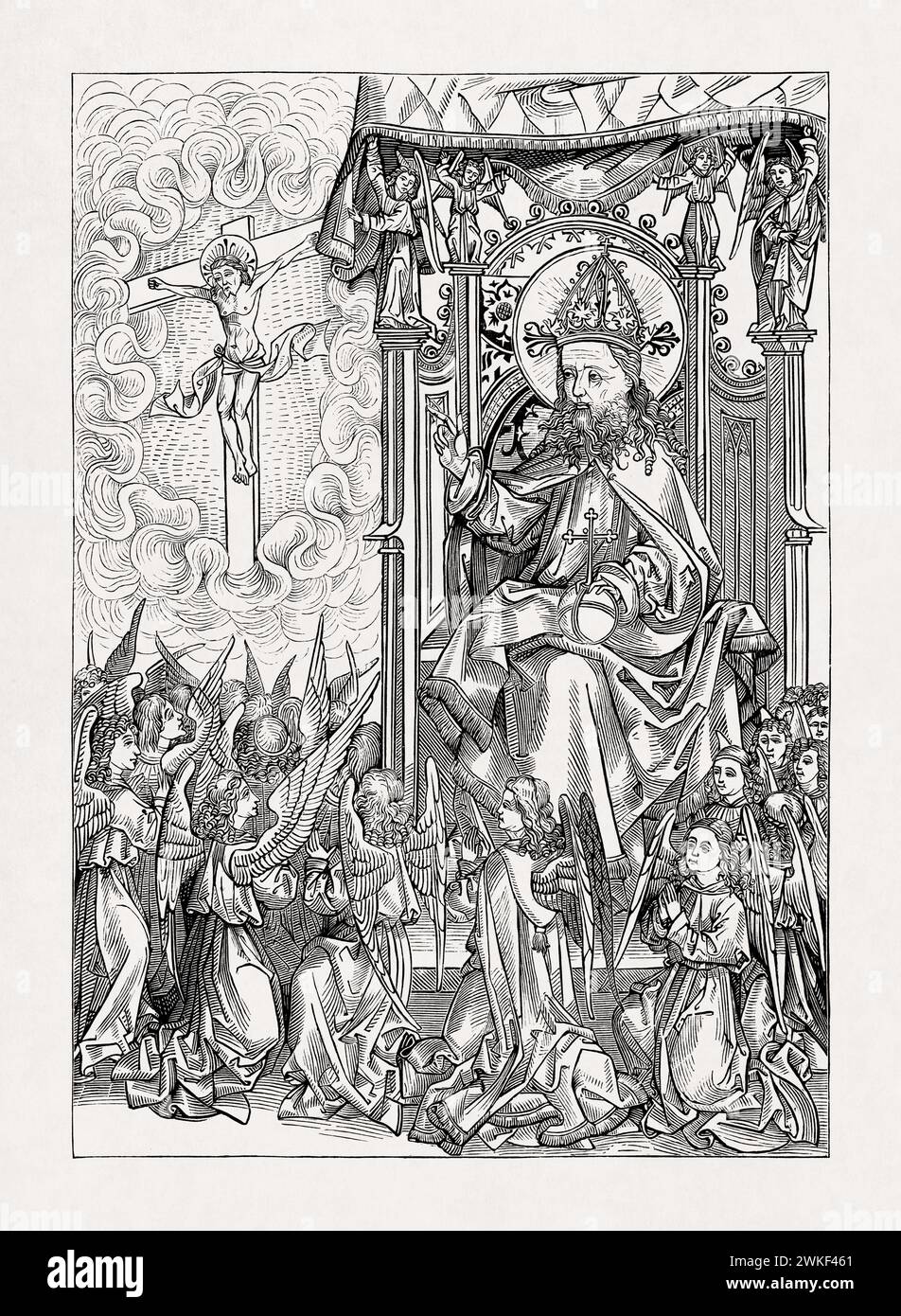 Illustration de Dieu et des anges avant leurs révoltes d'après un dessin de Michael Wolgemut tiré d'une Bible datant de 1491. Banque D'Images