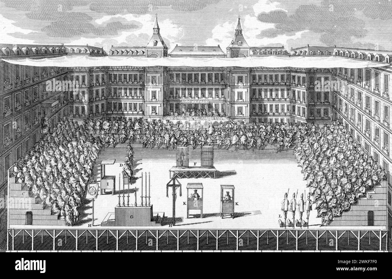 Inquisition espagnole. Réunion de l'Inquisition sur la Plaza Mayor de Madrid, gravure/gravure de Bernard Picart, 1783 Banque D'Images