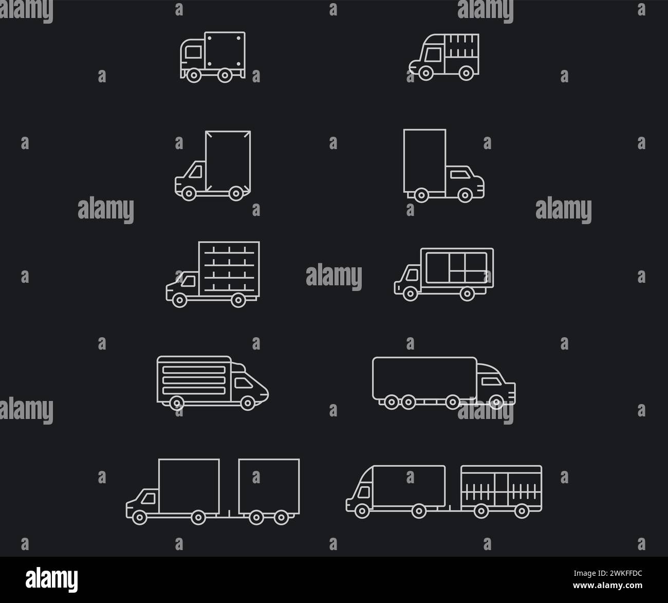 Jeu d'icônes de camion de livraison de ligne vectorielle. Décrire le symbole de transport et les activités liées à l'offre de services. Fourgonnette de conteneur de fret logistique et expédition d'industrie CA Illustration de Vecteur
