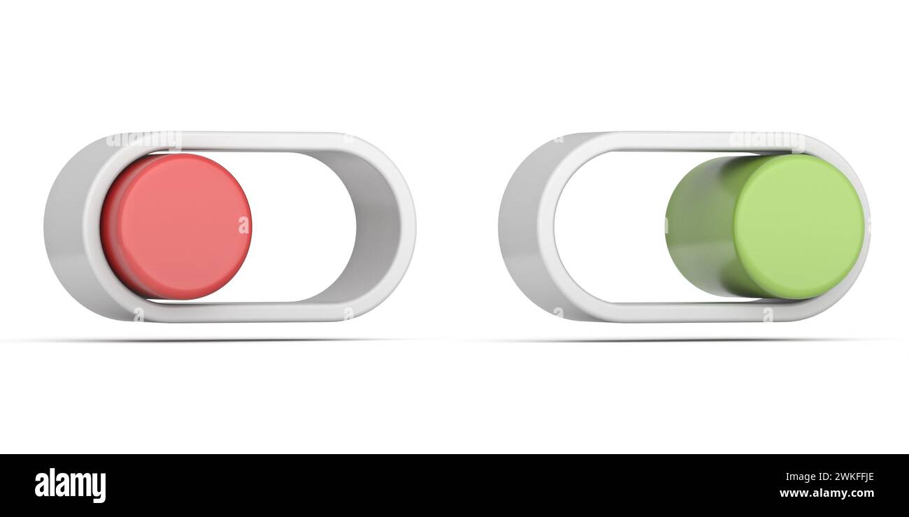 Boutons d'interrupteur marche et arrêt simples illustration de rendu 3D isolée sur fond blanc Banque D'Images