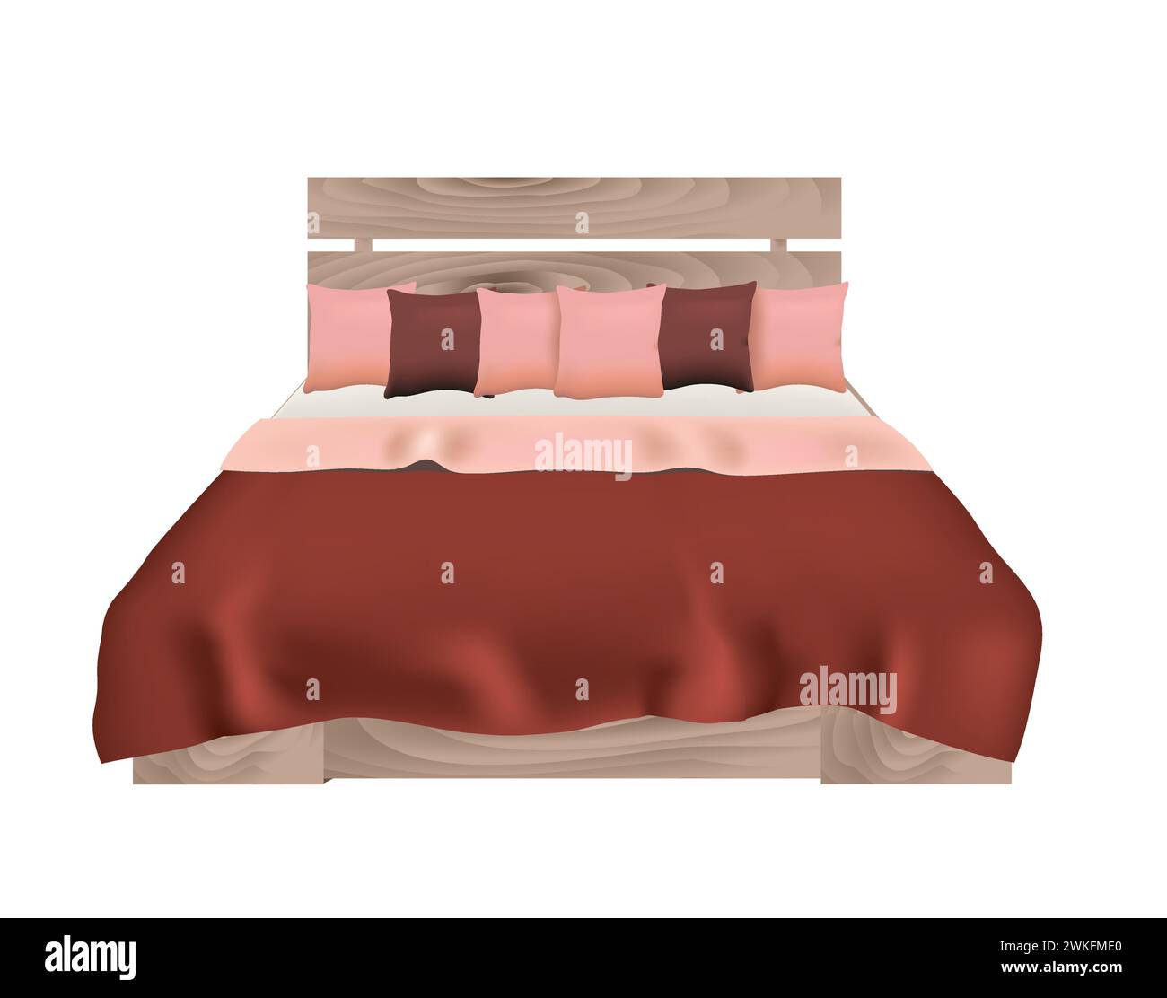 Lit king size en bois avec oreillers et couvre-lit, vecteur Illustration de Vecteur