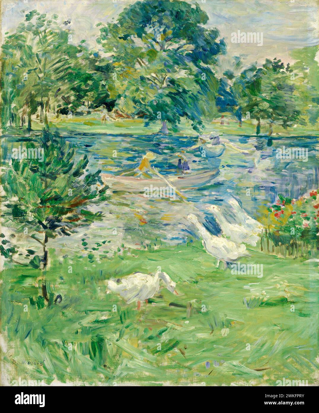 Fille dans un bateau avec des oies. Berthe Morisot. c. 1889. Banque D'Images