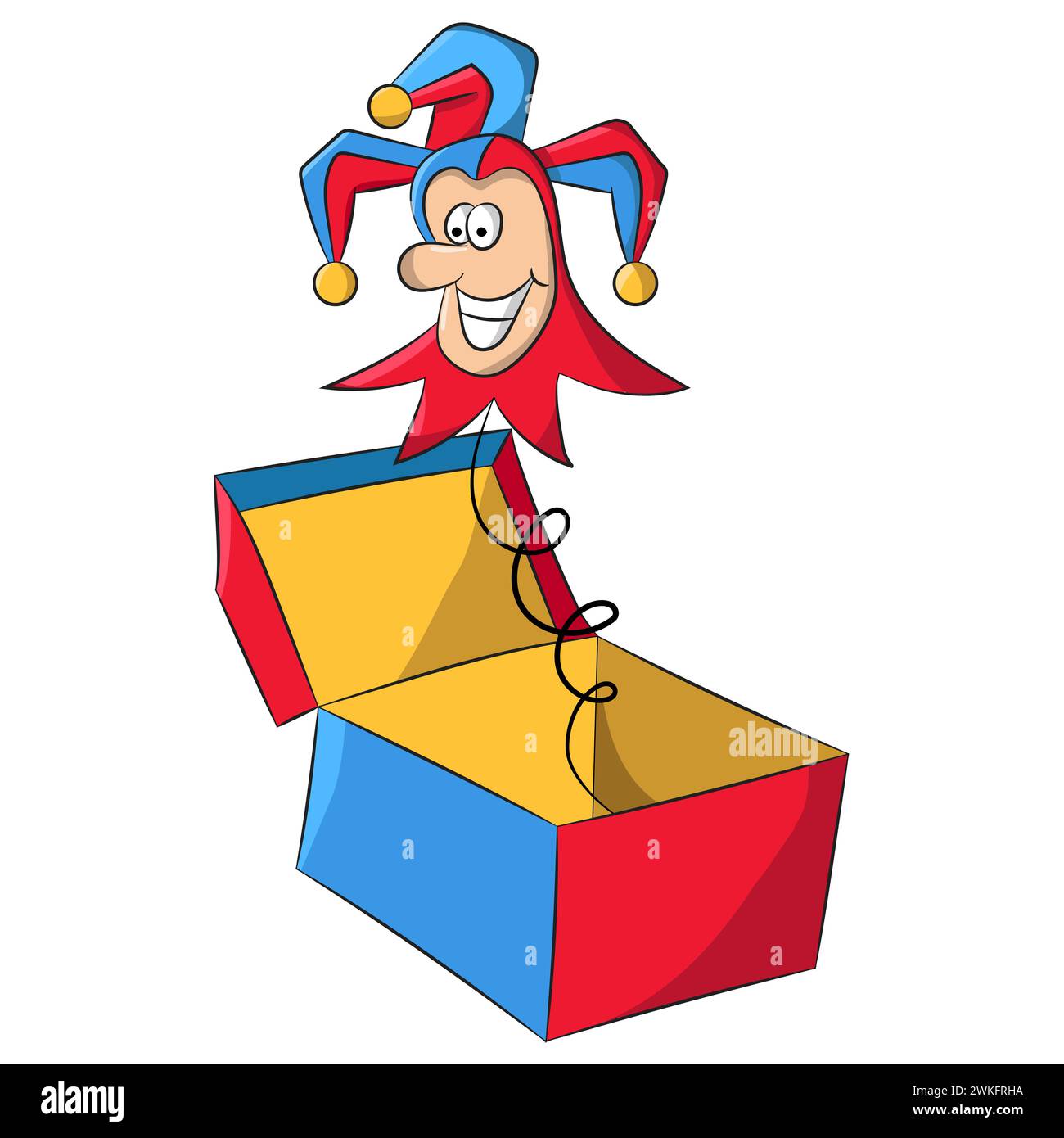 Personnage de dessin animé Jack-in-the-box Jester sortant d'une boîte, élément de style April Fools Illustration de Vecteur
