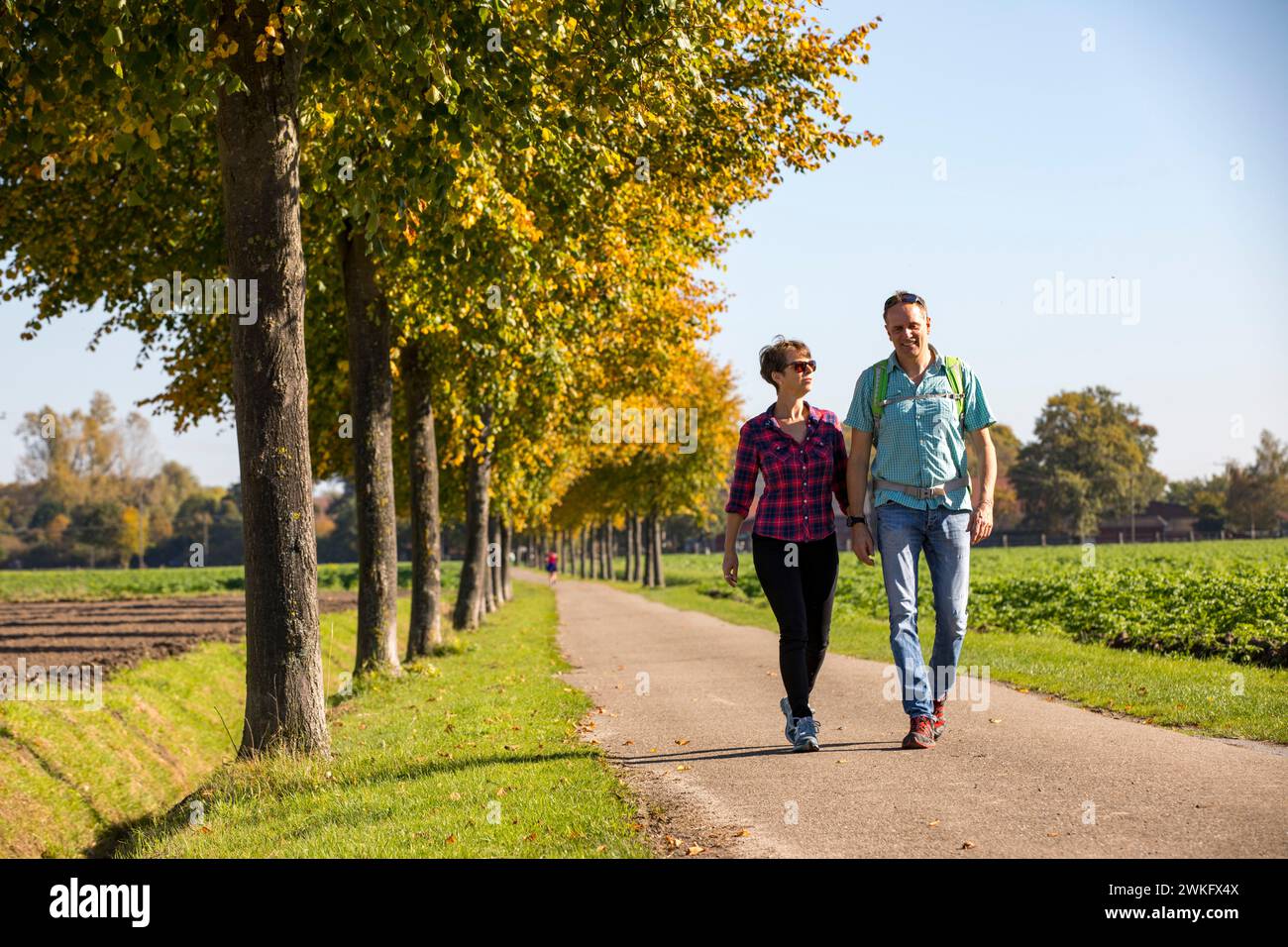 Randonneurs dans le Steverauen Olfen, un paysage de plaine inondable renaturalisé et une zone de loisirs locale dans le nord d'Olfen, Hohe Mark Westmünsterland Natu Banque D'Images