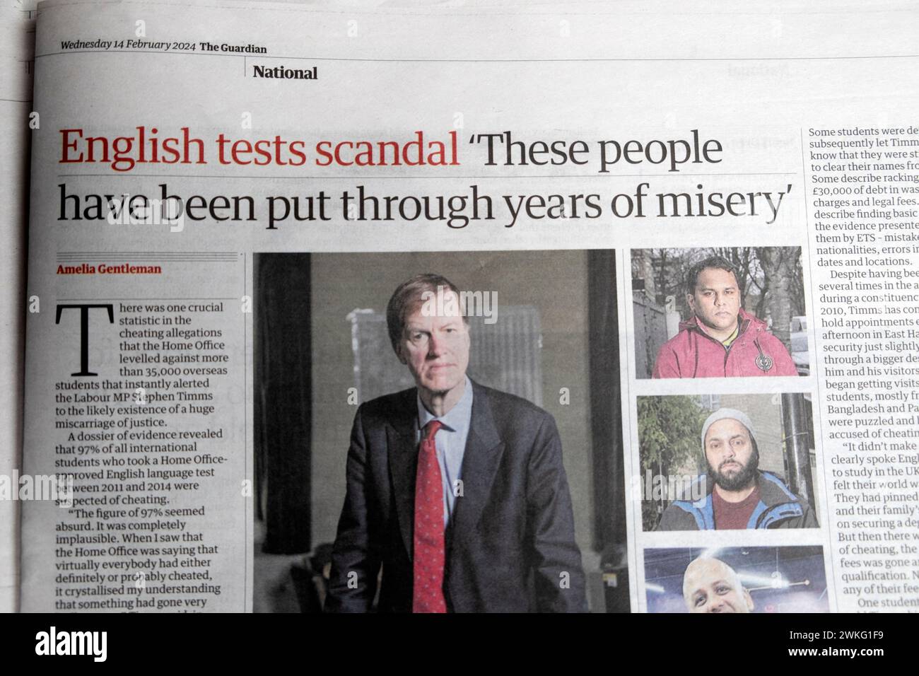 Scandale des tests anglais ces gens ont été mis à travers des années de misère" journal Guardian titre Home Office Students article 14 février 2024 Banque D'Images