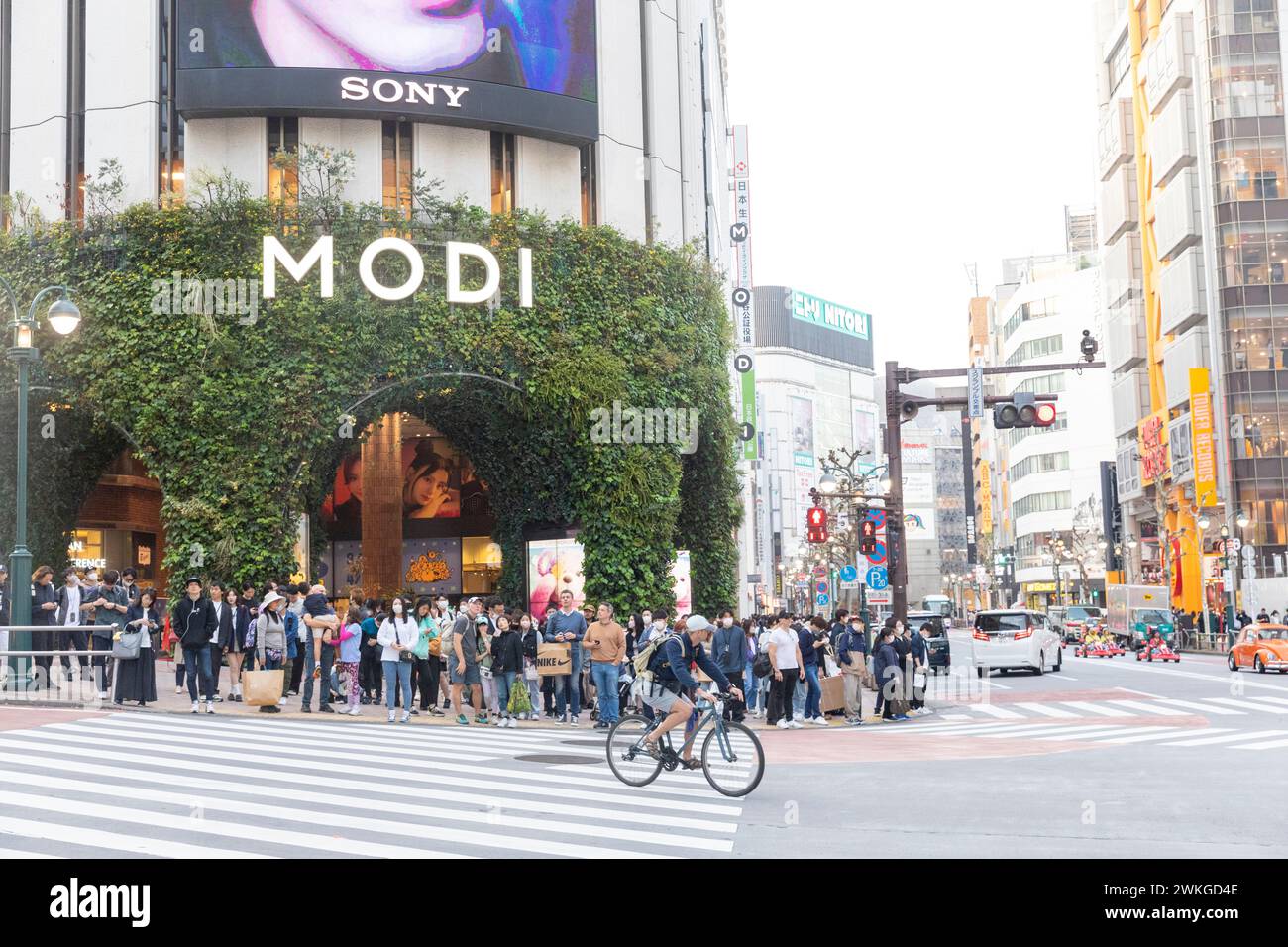 Quartier Shibuya de Tokyo, centre commercial Shibuya Modi avec des gens en attente de traverser le croisement de pélican à la jonction de la route, Japon, Asie, 2023 Banque D'Images