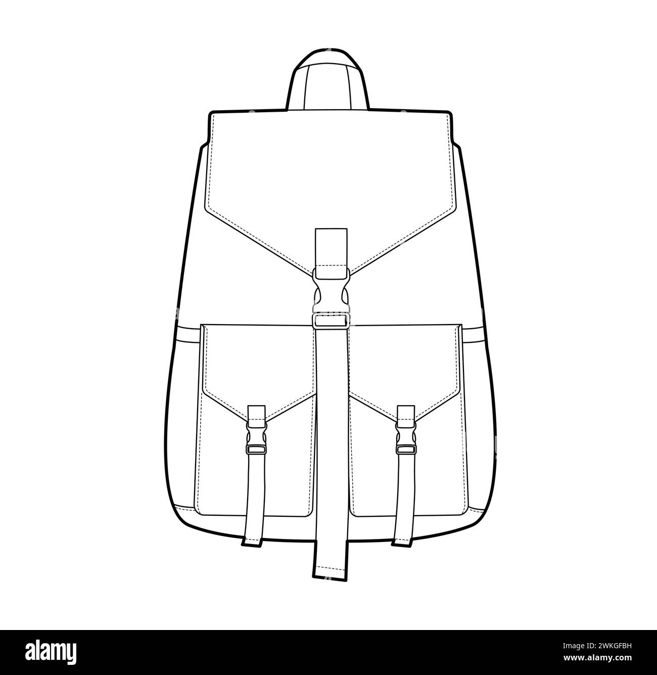 Sac silhouette sac à dos à rabat avant avec attache fermoir. Accessoire de mode illustration technique. Vue avant de sac d'école Vector pour hommes, femmes, style unisexe, contour d'esquisse CAD de sac à main plat isolé Illustration de Vecteur