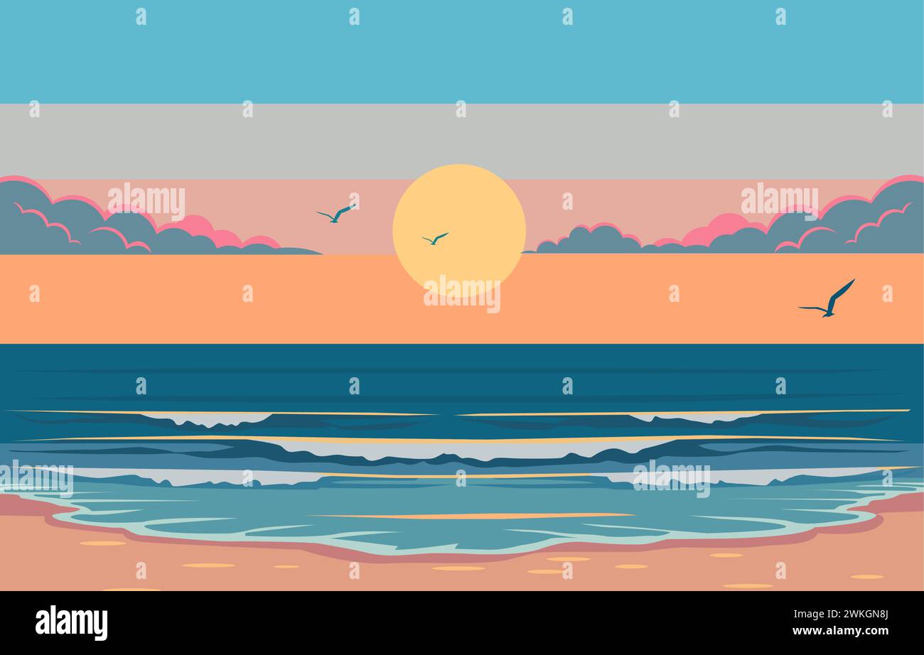 Design plat de beau paysage de plage avec ciel coloré au coucher du soleil Illustration de Vecteur